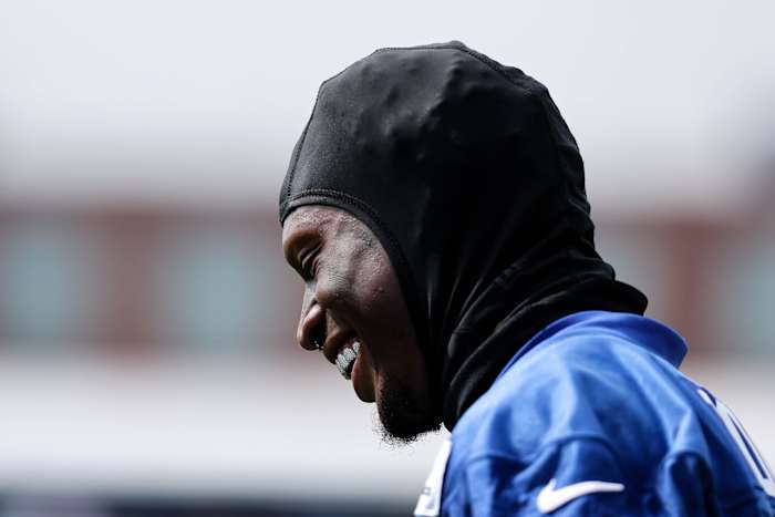 Jul 28, 2022; East Rutherford, NJ, USA; New York Giants wide receiver Kadarius Toney (89) smiles during training camp at Quest Diagnostics Training Facility.